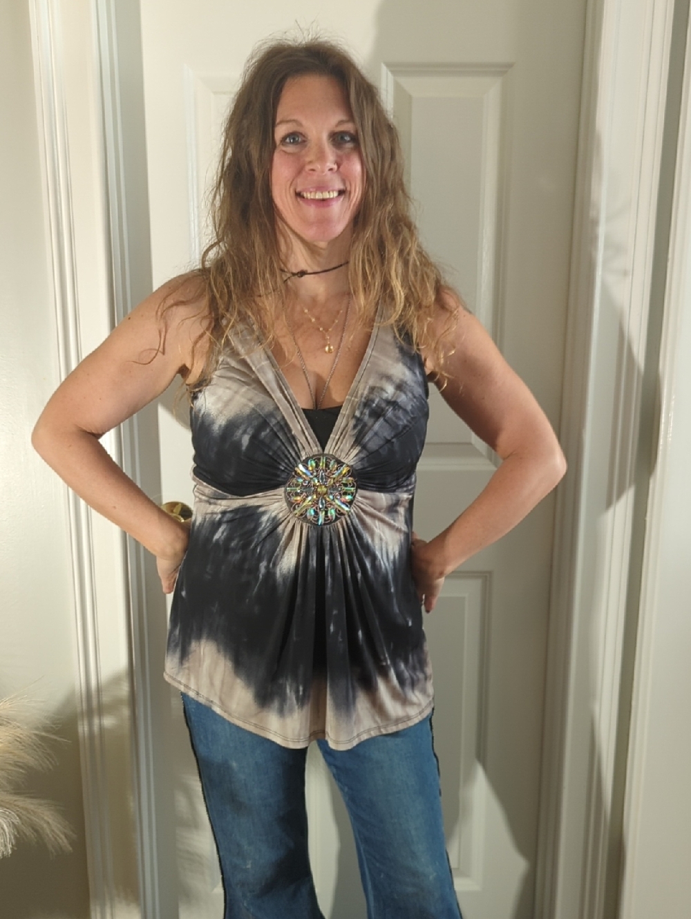 VENUS Black and Beige Tie-Dye V-Neck Tank with Decorative Medallion